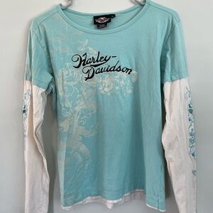 Harley-Davidson Aqua and White Long Sleeve Top